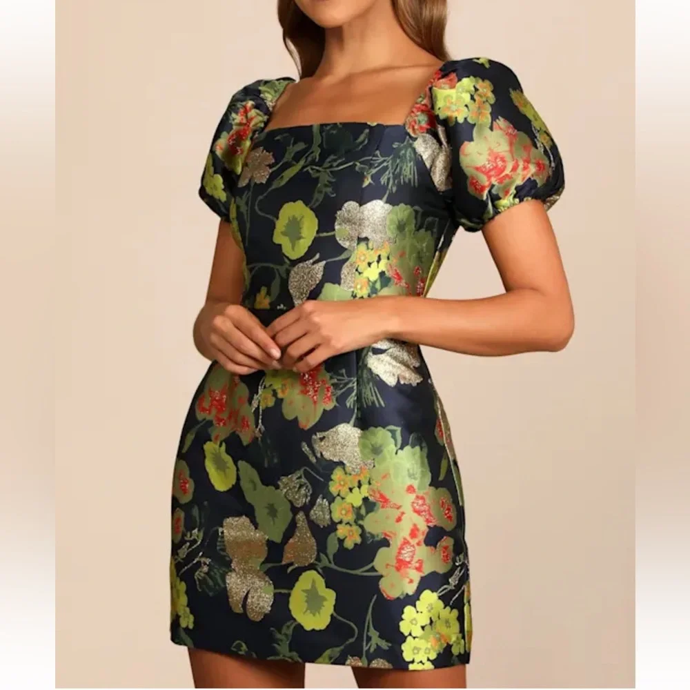 LULUS navy blue floral puff sleeve mini dress - Picture 2 of 6